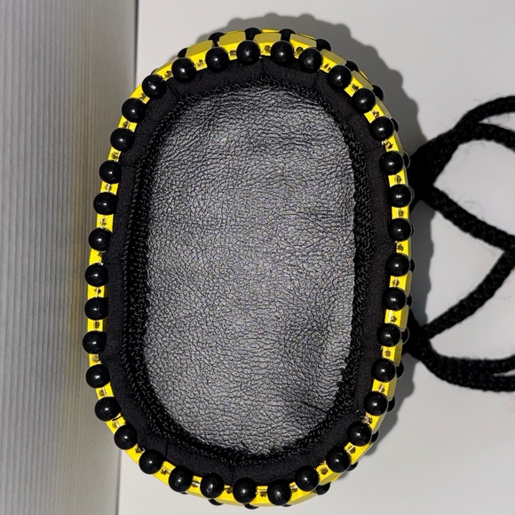 Kenyan Handmade Wooden Bead Mini Bucket Bag, Yellow+Black, Rufina Designs - Picture 5 of 9